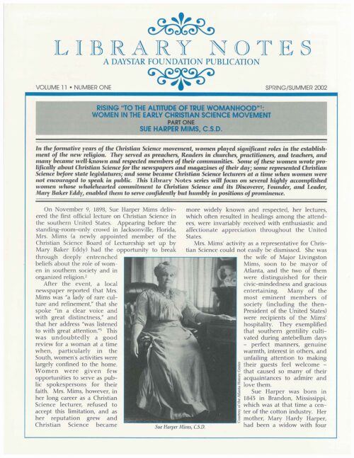 “Rising ‘to the Altitude of True Womanhood’: Women in the Early Christian Science Movement: Part One, Sue Harper Mims, C.S.D.”