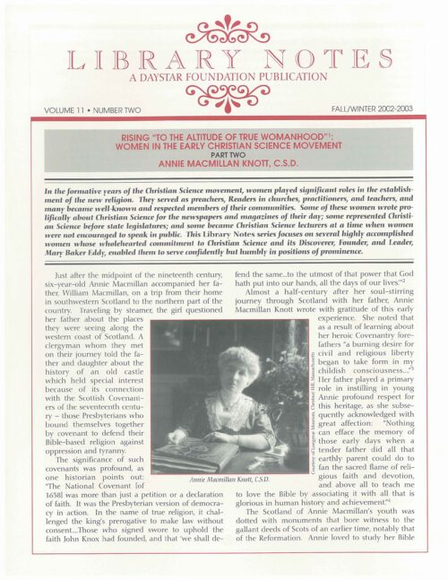 “Rising ‘to the Altitude of True Womanhood’: Women in the Early Christian Science Movement: Part Two, Annie Macmillan Knott, C.S.D.”