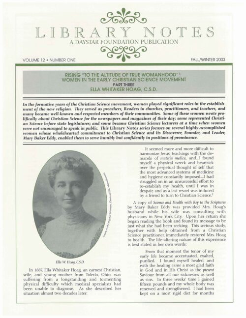“Rising ‘to the Altitude of True Womanhood’: Women in the Early Christian Science Movement: Part Three, Ella Whitaker Hoag, C.S.D.”