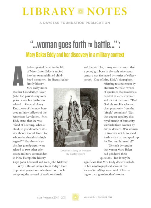 “‘…woman goes forth to battle…’: Mary Baker Eddy and her discovery in a military context”
