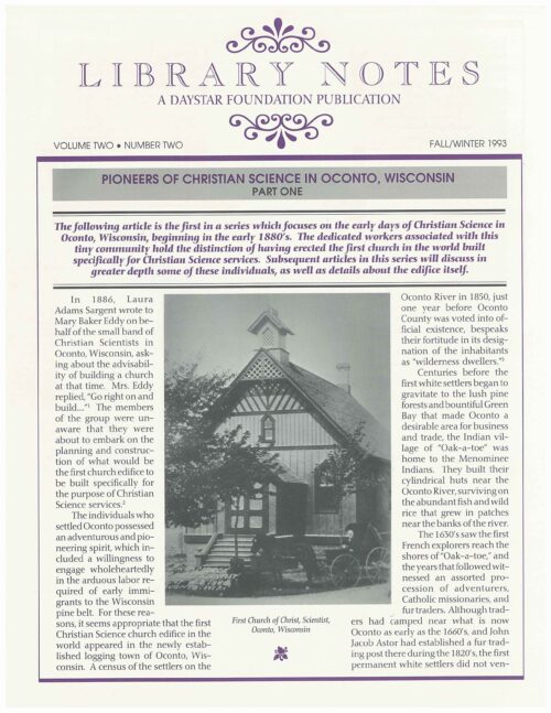 “Pioneers of Christian Science in Oconto, Wisconsin: Part One, First Christian Science Church Edifice”
