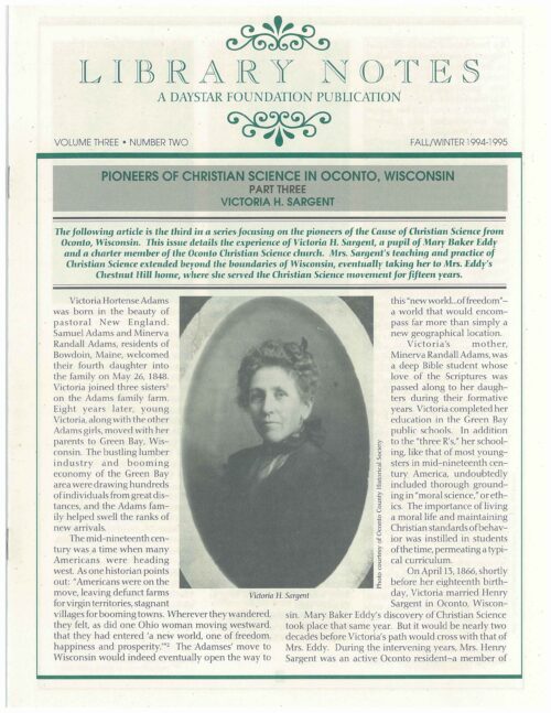 “Pioneers of Christian Science in Oconto, Wisconsin: Part Three, Victoria H. Sargent”