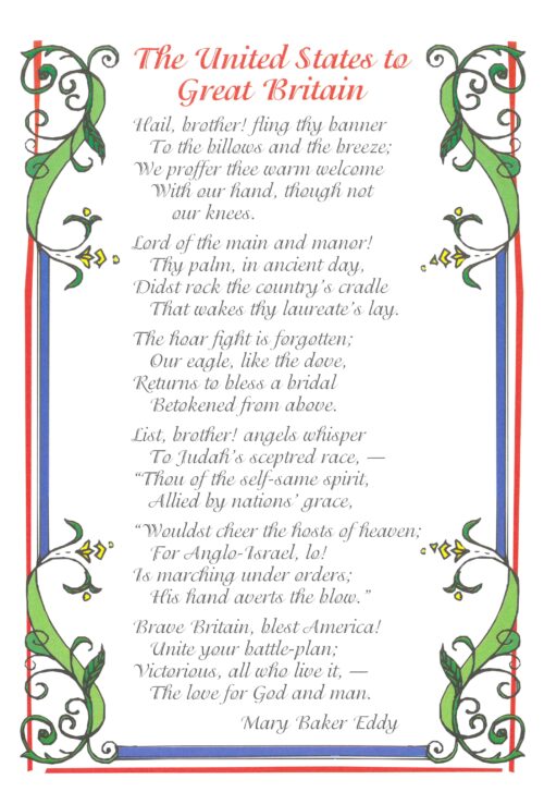 Frameable poem: “The United States to Great Britain” by Mary Baker Eddy